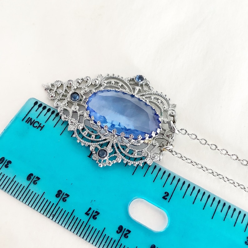 Antique Art Deco Filigree blue Glass Necklace Rhodium plated filigree delicate necklace