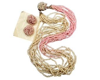 Vintage Ombre Pink Cream Necklace Clip On Earrings Set Beaded Multistrand Japan