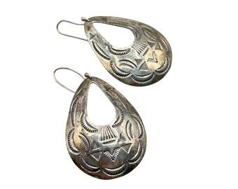 NATIVE AMERICAN Sterling Silver Dangle Earrings Pierced Large Drop Shaped