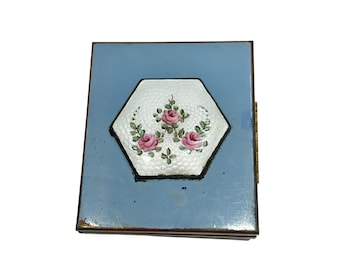 Vintage Guilloche Photo Holder Blue Teal Floral with Original Antique Photos