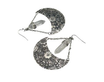Crescent Moon Earrings With Clear Quartz Crystals Dangles Pierced Oversized