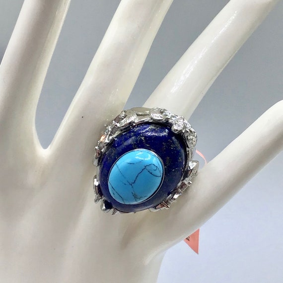 Lapis Lazuli & Turquoise Stone Ring Size 8 Semi P… - image 8