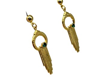 Art Deco Inspired Gold Tone Drop Earrings Green Stone Accent Pierced Long