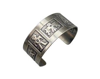 Vintage Silver Tone Cuff Bracelet Native American Inspired with Tribal Symbols