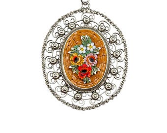 Italian Mosaic Pendant Necklace Vintage Floral Design Silver Tone Large Oval Pendant