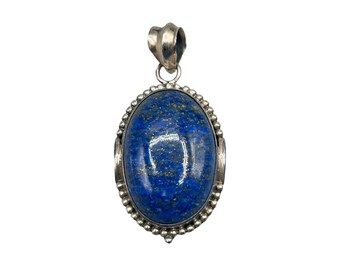Vintage Sterling Silver & Lapis Lazuli Oval Pendant Blue Gemstone Jewelry