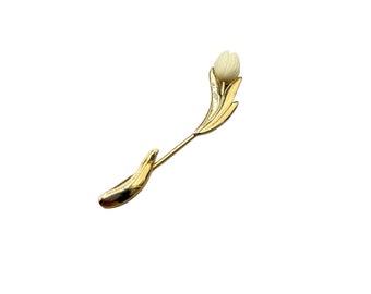 Vintage Tulip Stick Pin Avon Off White and Gold Tone Elegant Flower Lapel Pin