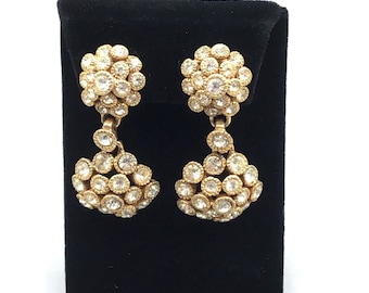 Vintage Clip On Dangles Earrings Gold Tone & Clear Rhinestones Sparkly Elegant