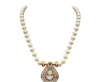 Vintage PIERRE CARDIN Faux Pearls Necklace With Rhinestones Elements