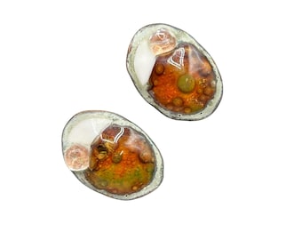 Vintage Wearable Art earrings Clip On enamel Over Copper Artisan Signed Abstract