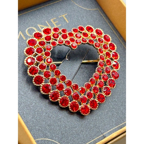 Signed MONET Heart Pin Love Brooch Red Rhinestone… - image 3
