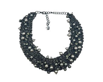 SAACHI Crochet Chain Necklace With Crystals And Faux Pearls GunMetal Color Chain