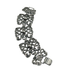 Vintage Silver Tone Wide Panels Bracelet Statement Ornate Links Swirls Design