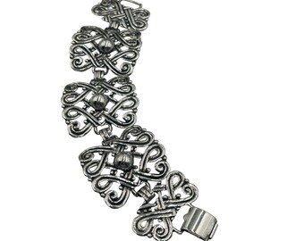 Vintage Silver Tone Wide Panels Bracelet Statement Ornate Links Swirls Design