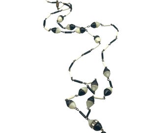 Antique 1940s Czech Glass Necklace Glowing UV Reactive Beads Black And White
