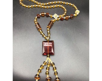 Handcrafted Glass Beaded Necklace Amber Topaz Color Long Strand with Tassel