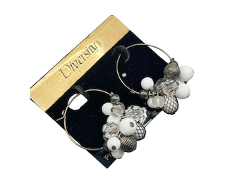 Vintage Hoops Earrings Beaded Silver And White Clusters 90s New Old Stock