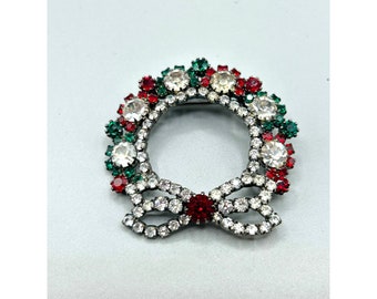 Vintage Rhinestones Wreath Brooch Christmas Holiday Pin with Bow Red Green White