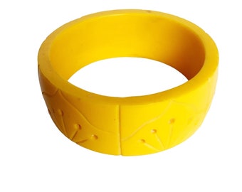 Carved Bangle Bracelet Bright Yellow Wide Thick and Heavy Spring Summer Bracelet