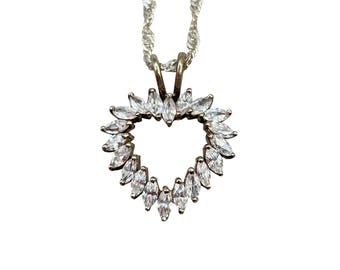 Sterling Heart Necklace Estate Silver 925 Pendant CZ Clear Marquise Stones