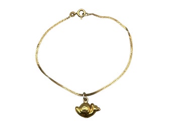 14K Yellow Gold Thin Bracelet with Snail Gold Charm Shell Vintage Gold Jewelry