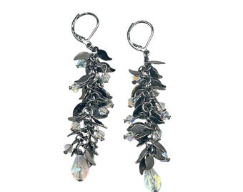 Joan Rivers Crystal & Leaf Dangle Earrings with Lever Back Hooks Gunmetal Finish