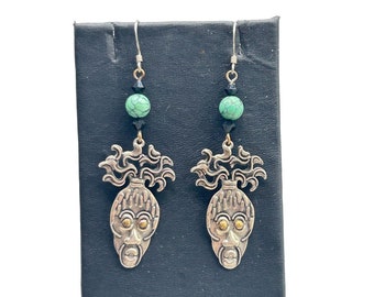 Sterling Silver Tribal Earrings Aztec Ethnic Face Design Long Pierced Dangles