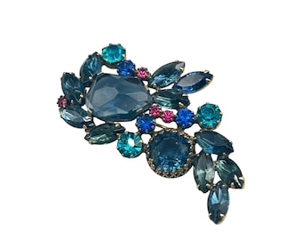 Unsigned WEISS Blue Lava Rock Rhinestones Pin Brooch  Pink Prong Set All Glass