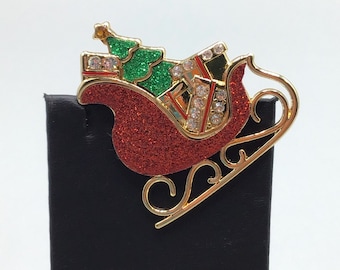 Christmas Sleigh Brooch Signed JCM China Gold Tone Red Glitters & Rhinestones
