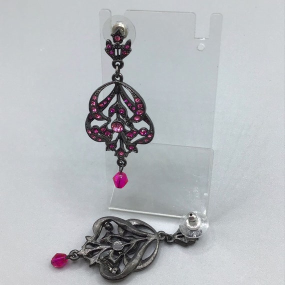 Pink Dangles Earrings Drops Rhinestones Art Nouve… - image 3