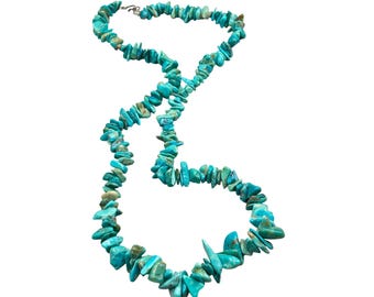 Beautiful Turquoise Chips Necklace Beaded Native American Single Strand With Sterling Clasp