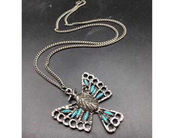 Vintage Phoenix Thunderbird Necklace Faux Turquoise Southwestern Pewter Pendant