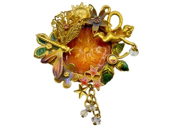 Kirks Folly Fairy Wishing Pool Pin Gold Tone Dragonfly Flowers Whimsical Brooch