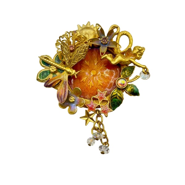 Kirks Folly Fairy Wishing Pool Pin Gold Tone Dragonfly Flowers Whimsical Brooch