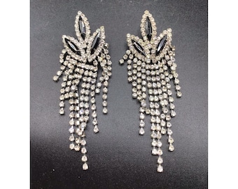 Vintage Rhinestones Long Drop Dangle Earrings Clear & Black Pierced Fancy Style