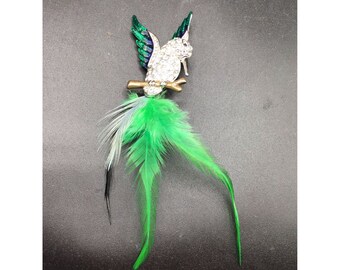 Bird with Real Feathers Brooch Silver Tone Green Blue Enamel & Rhinestones Pin