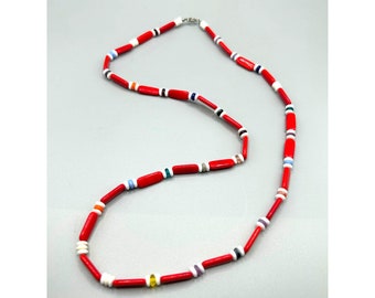 Vintage Glass Beaded Necklace Red & White Beads Colorful Rondelles Single Strand