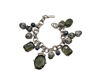 Vintage 70s Charm Bracelet Silver Tone Metal with Smokey Grey Beads Charms