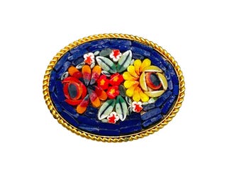 Vintage Italian Micro Mosaic Pin Brooch Blue With red And Yellow Flowers