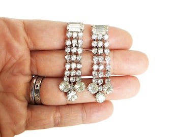 Long Clear Rhinestones Dangles Clip On Earrings Silver Tone Prom Fancy Jewelry
