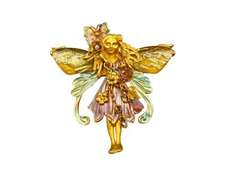 Vintage Kirks Folly Fairy Brooch Pin And Pendant Gold Tone Enamel Accents & Crystal Details