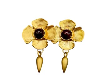 Vintage Matte Gold Flower Earrings With Dangles Burgundy Red Faux Stones Pierced Drops