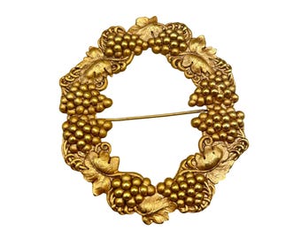 Vintage Art Nouveau Repousse Sash Pin Brooch Grapes Leaves Gold Gilt