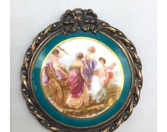 Limoges France Pocket Mirror Hand Painted Ladies Women & Angel Gold Tone Frame