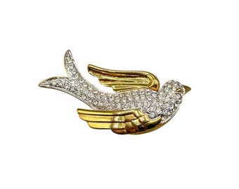 Vintage Nolan Miller Rhinestone Bird Brooch Dove Of Peace Clear Crystals Over Gold Tone