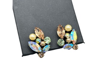Vintage Clip On Earrings Aurora Borealis Rhinestone Faux Pearls Designer Quality
