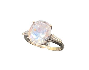Solitaire Ring Sterling Silver 925 CZ Fancy Oval Clear Stone Ring Size 7.75