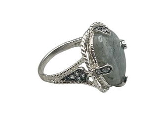 Sterling Silver Labradorite Ring Size 8 With CZ And  Oval Stone Cabochon