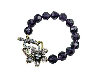 HEIDI DAUS "Perennial Favorite" Bracelet Purple Crystal Beaded Floral Toggle Clasp