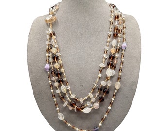 Semi Precious Stones Necklace Rutilated Quartz Beaded Handknotted Multi Strand